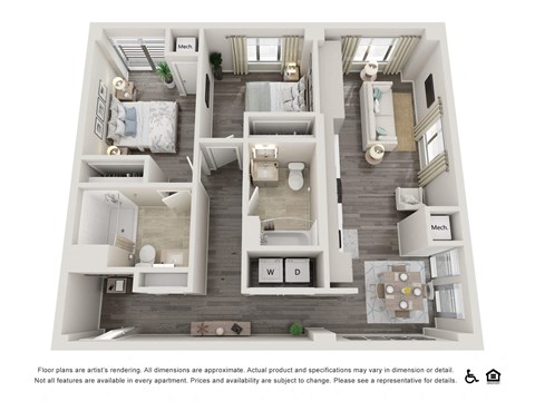 Floor plan for 2 beds, 2 baths, 980 sqft